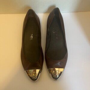 Chanel Leather Dark Brown Cap Toe Metal CC Flats Chocolate Shoes EU 37 / US 7